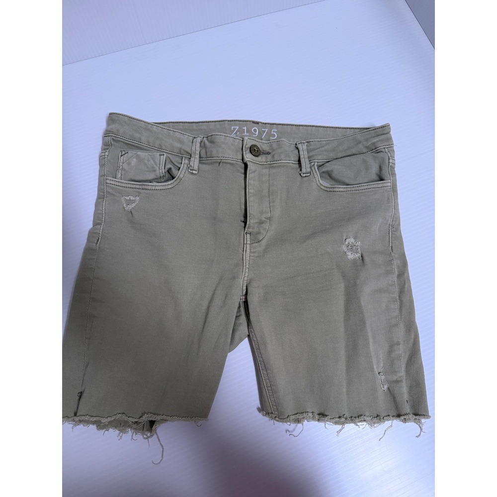 Zara Basic Z1975 Denim Shorts Olive Green Khaki Distressed Frayed Hem Size 8